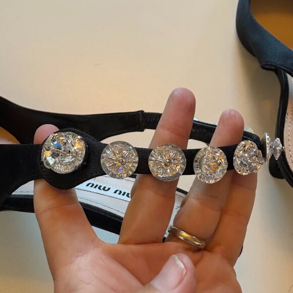 Miu Miu Black Satin Swarovski Crystal Embellished Slingback Kitten Heel Luxury - Picture 5 of 15